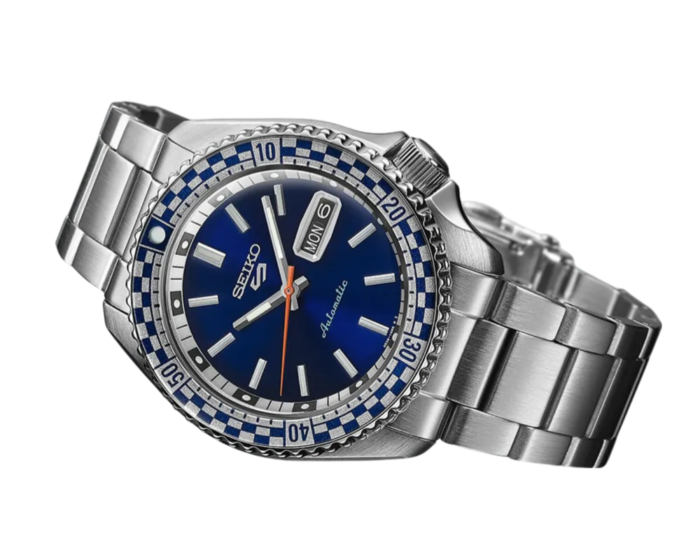 Seiko 5 Sports Petrol Blue Checker Flag Special Edition Blue Dial Silver Steel Strap Watch For Men - SRPK65K1 - Image 8